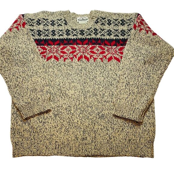 Vintage Eddie Bauer Legends Sweater Mens L Tan Red 100% Wool Fair Isle Nordic - Picture 1 of 7